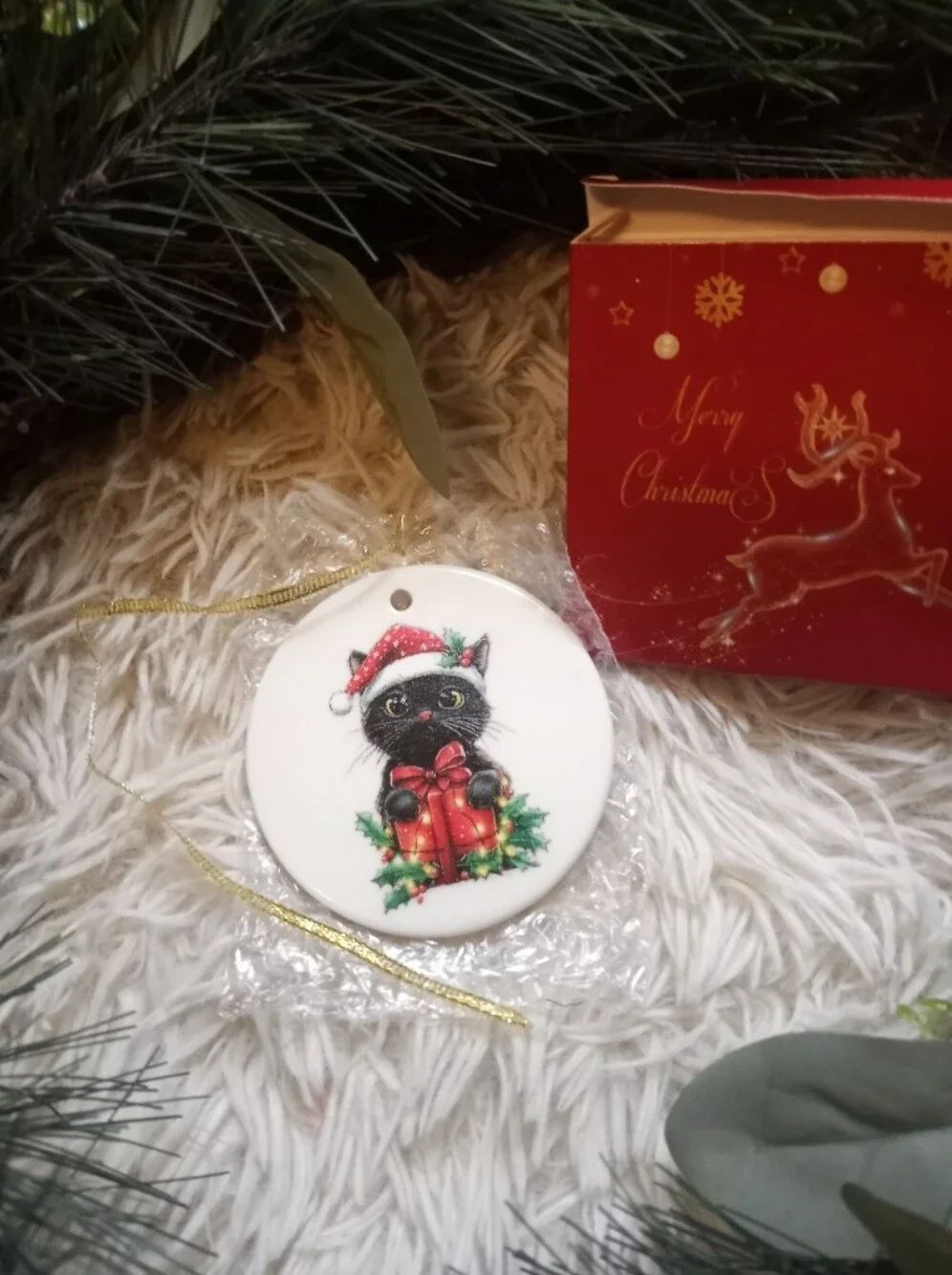 Black Cat Santa Ornament - Festive Red & Green Holiday Decoration
